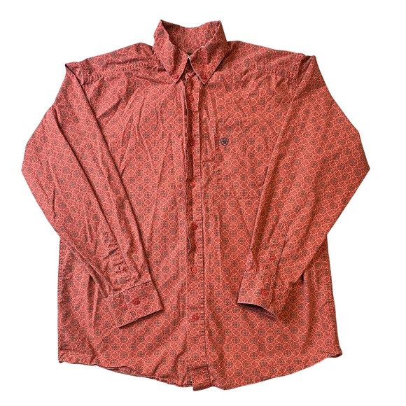 Ariat Shirt Mens Large Red Black Long Sleeve Button Down Medallion Western Logo